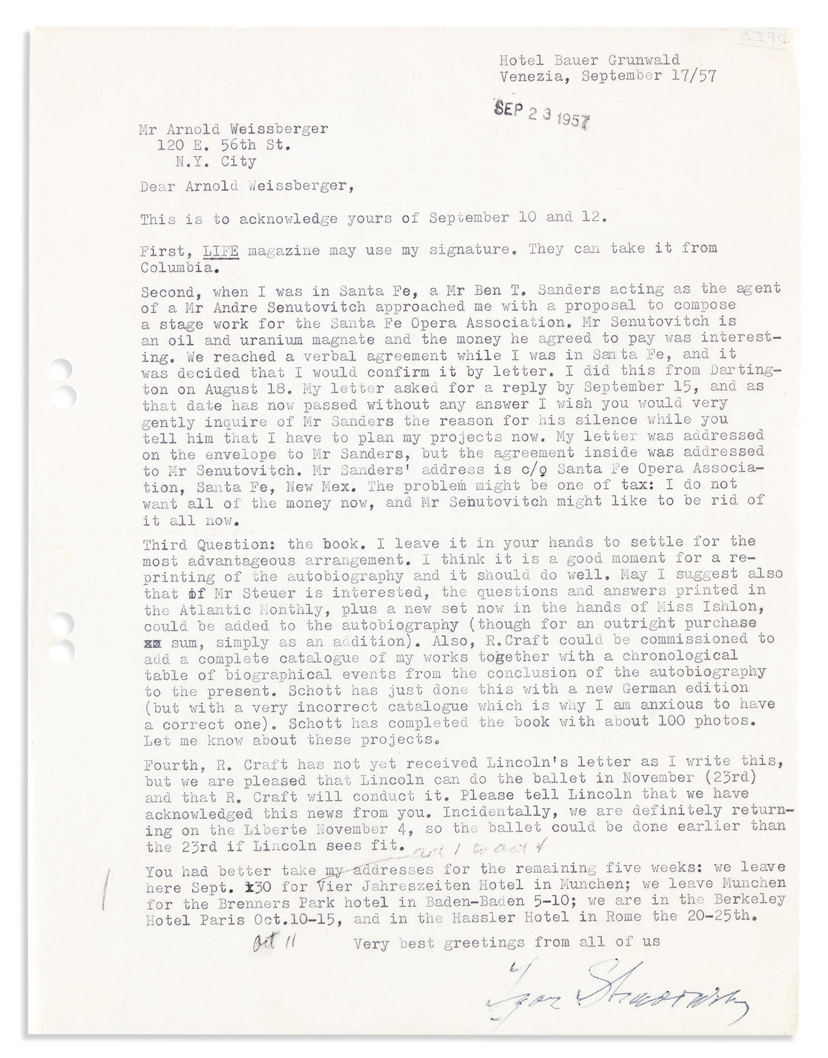 STRAVINSKY, IGOR. Typed Letter Signed, to Arnold Weissberger,
